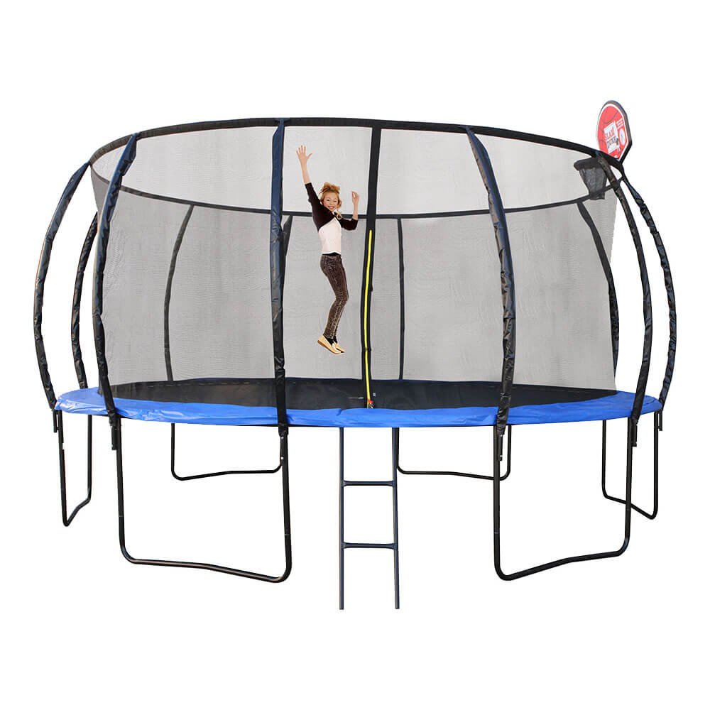 Trampolín con bolsa de zapatos de escalera y aro de baloncesto