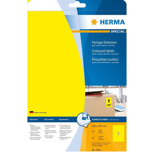 Herma Removable Coloured Labels A4 20pc (210x297mm)