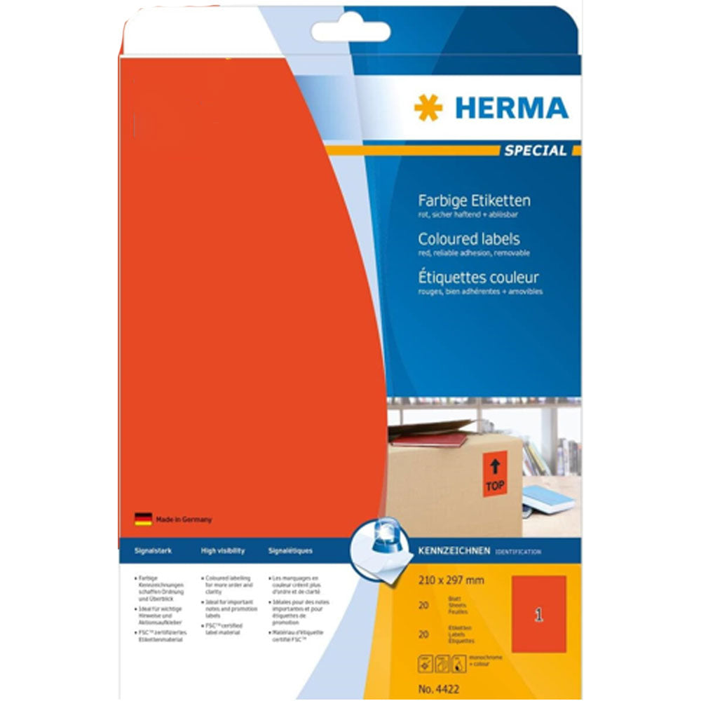 Herma aftagelige farvede etiketter A4 20pc (210x297mm)