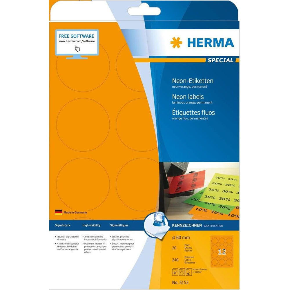 Herma Round Luminous Neon Labels A4 20pc 60mm