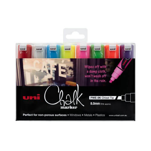 Uni Chalk Marker 8.0mm Chisel Tip Assorted