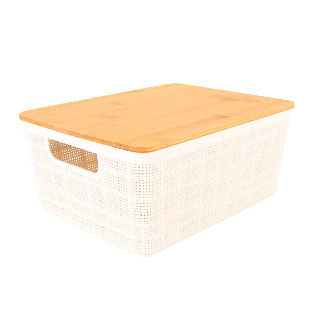 Panier de rangement en plastique avec couvercle en bambou (blanc)