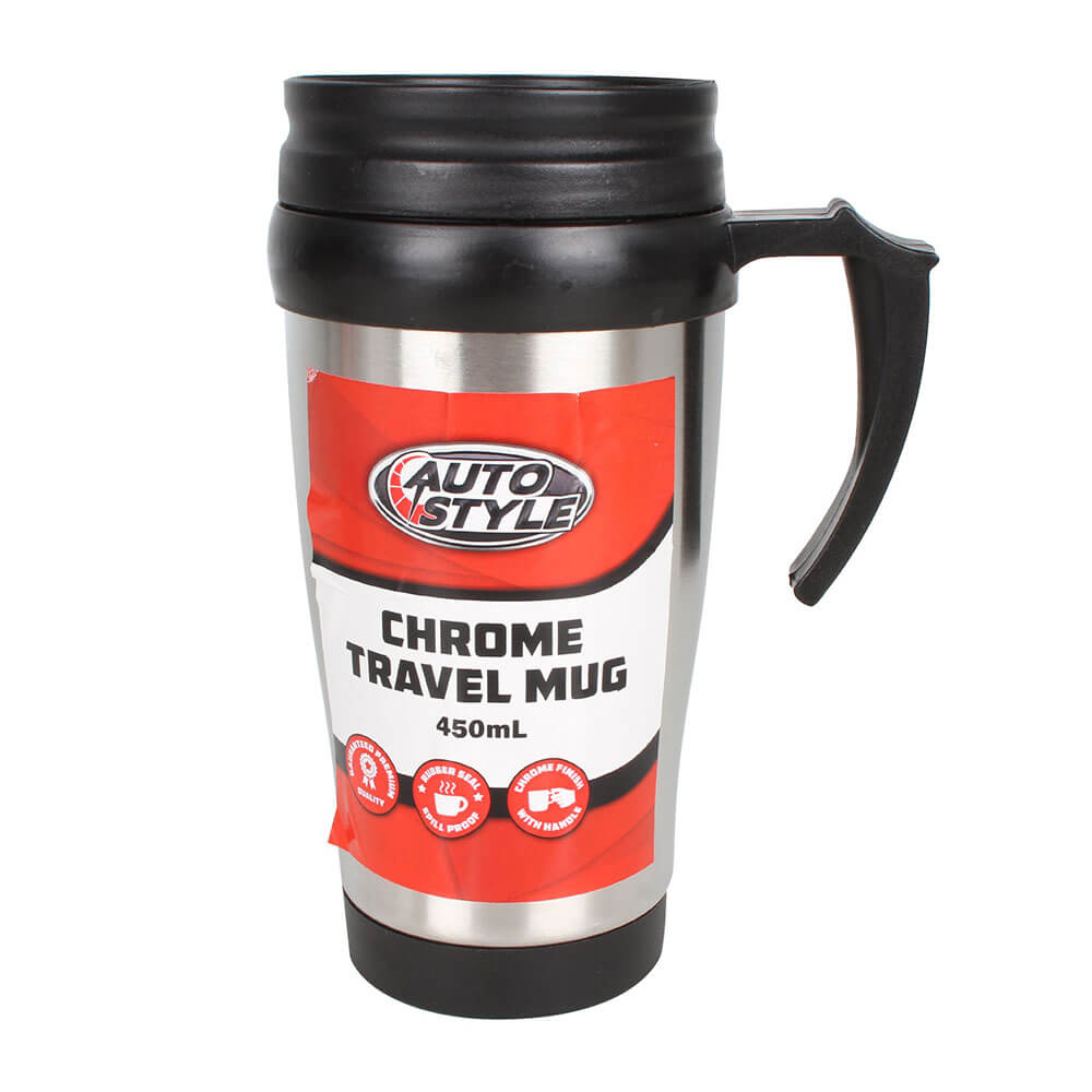 Travel Mug with Lid Chrome Look W-Rubber Seal 450mL