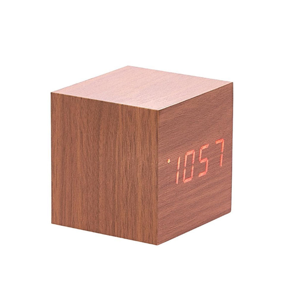 Reloj de escritorio de cubo de madera LED con pantalla Temp/ Date