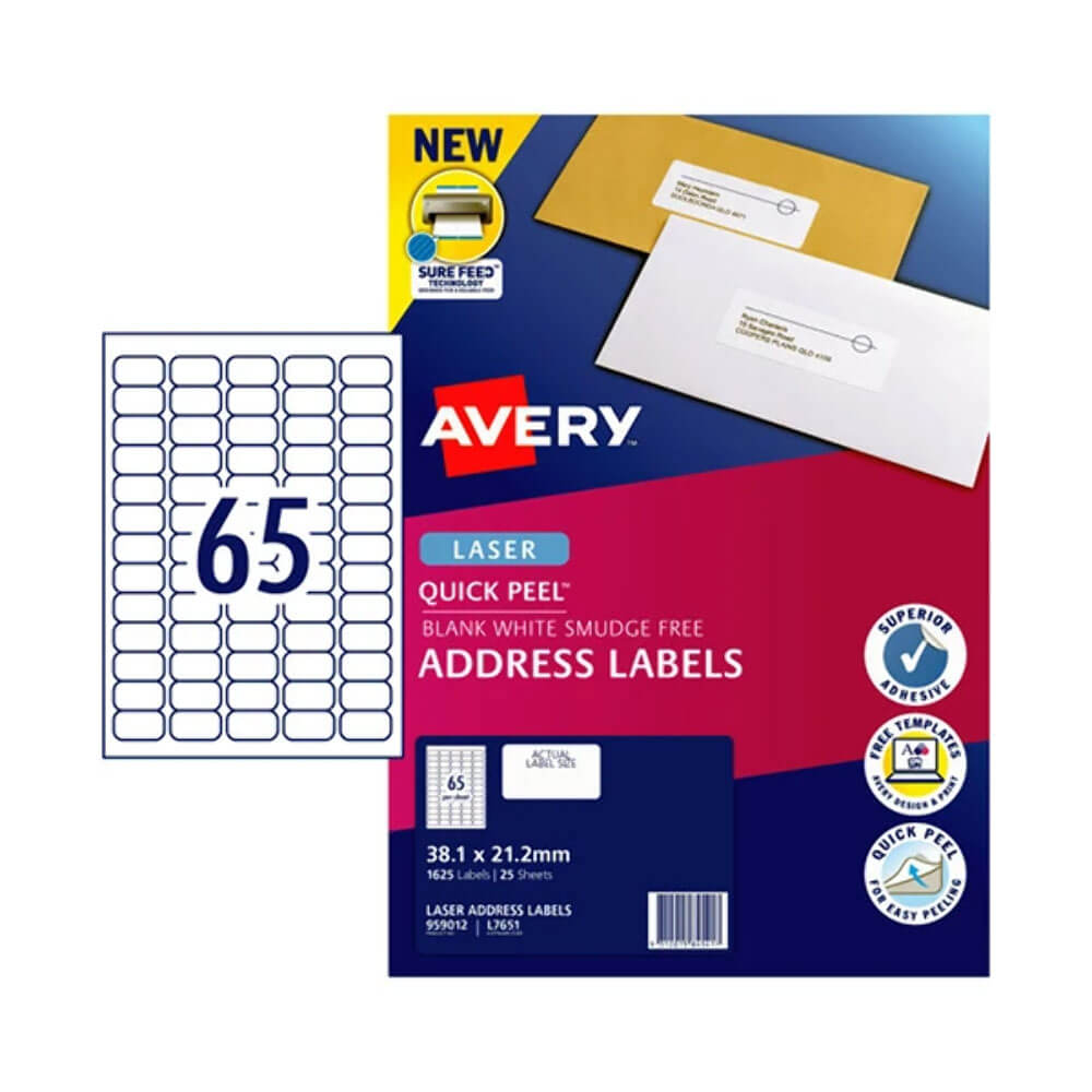 Étiquette d'adresse laser Avery 25pk (65 / feuille)