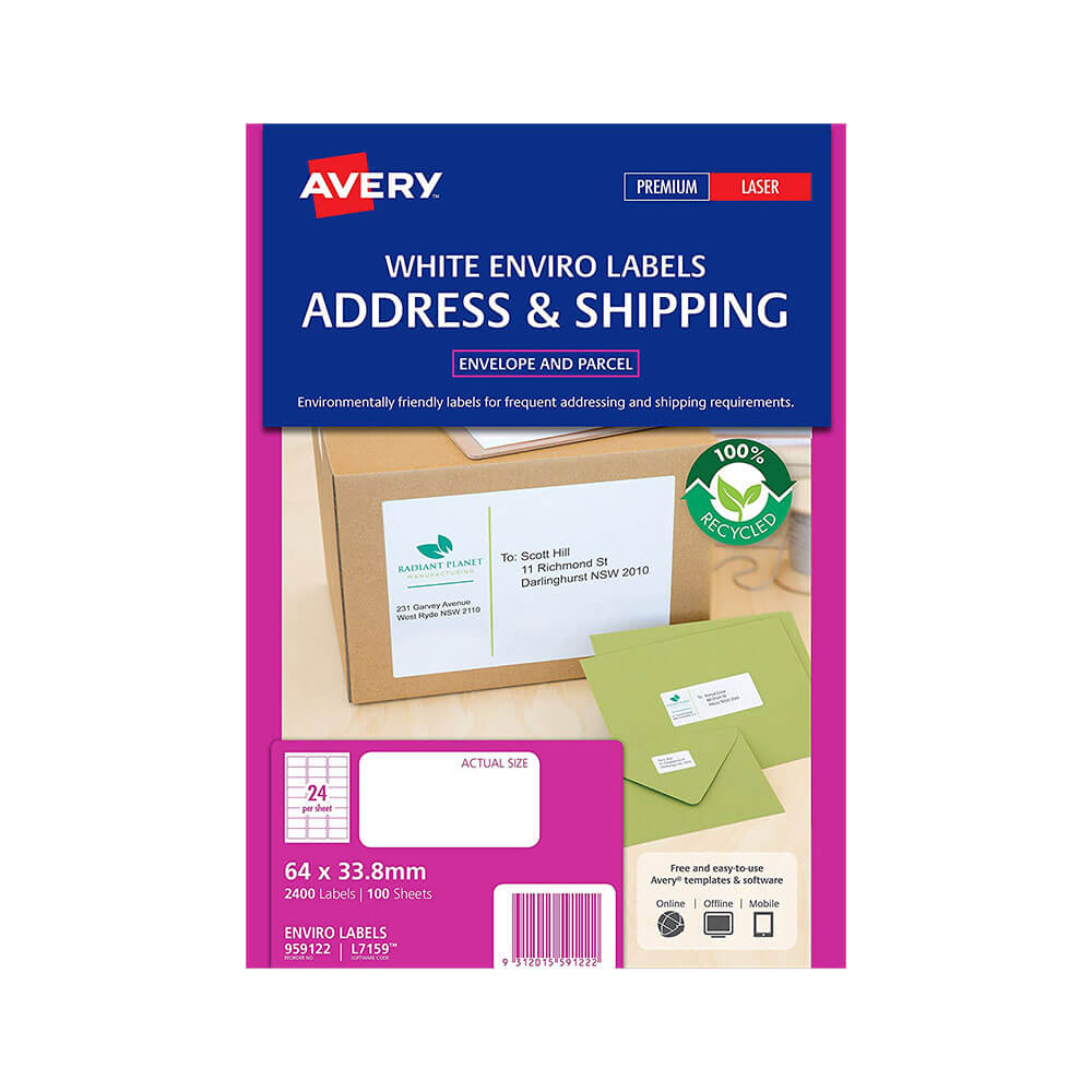 Avery Enviro 100% étiquettes recyclées blanches (100pk)