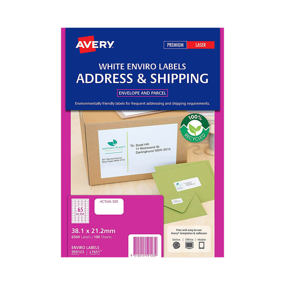 Avery Enviro 100% étiquettes recyclées blanches (100pk)